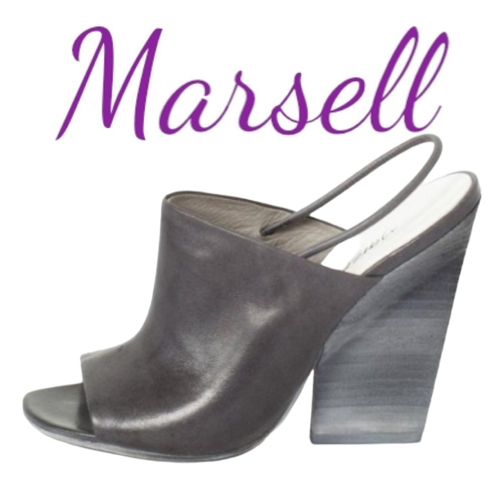 MARSELL Mantello Lead Gray Leather Peep Toe Slingback Sandals, Size‎ 37